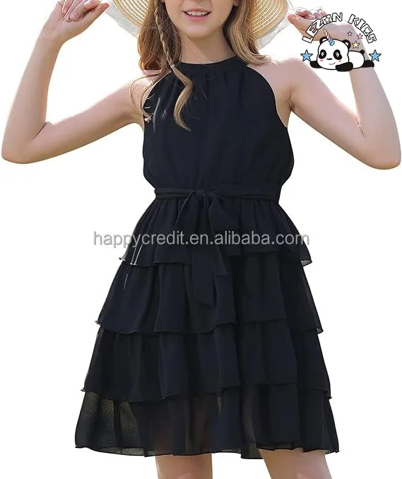 LEZONKIDS - Customizable Hot Sale Floral Ruffle Dress Halter Neck Kids Summer Chiffon Dress With Belt for Girls